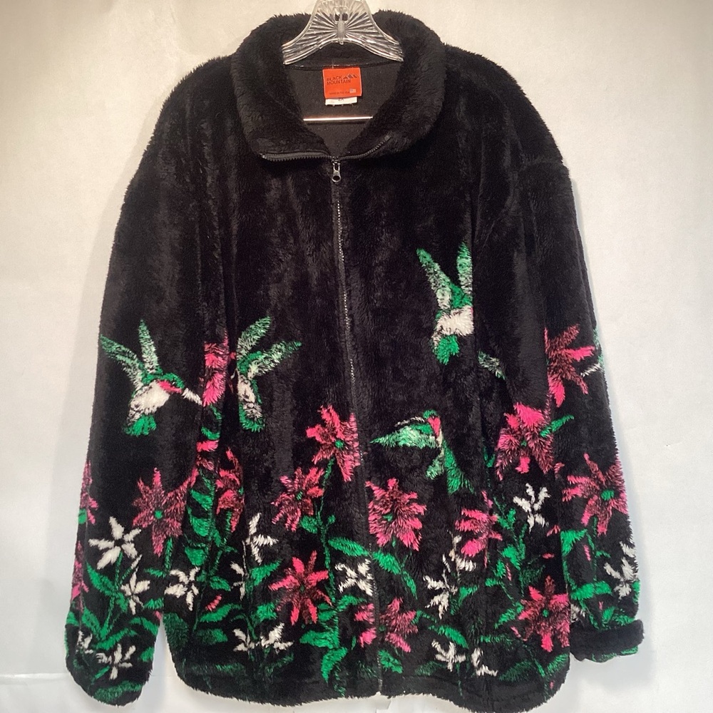 Black Mountain Hummingbirds Floral Black Teddy Jacket Women’s Size 2X